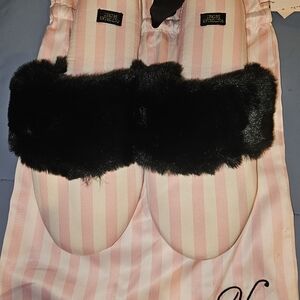 Victoria's Secret Pink Striped Slippers with Black Fur